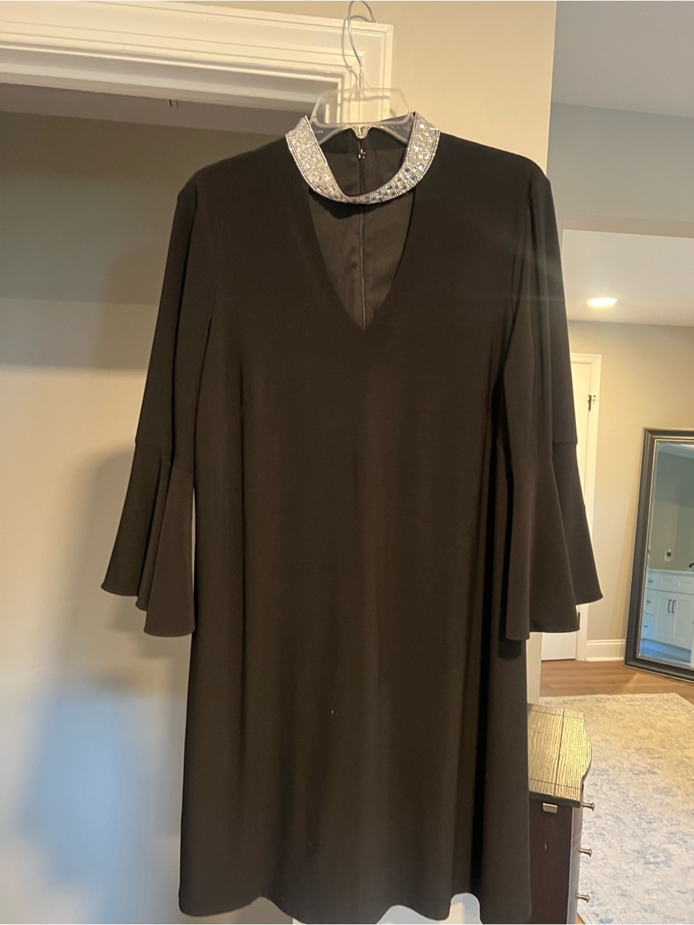 MSK Black Long-Sleeve A-Line Dress with Jeweled Collar